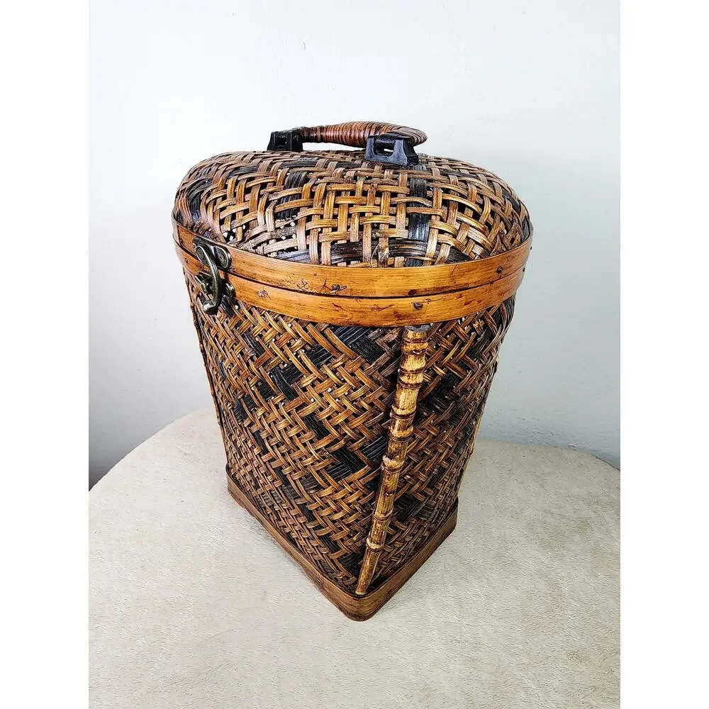 Woven Rattan Lidded Large Basket w/ Lid Brass Accent Asian Inspired 80s Vintage